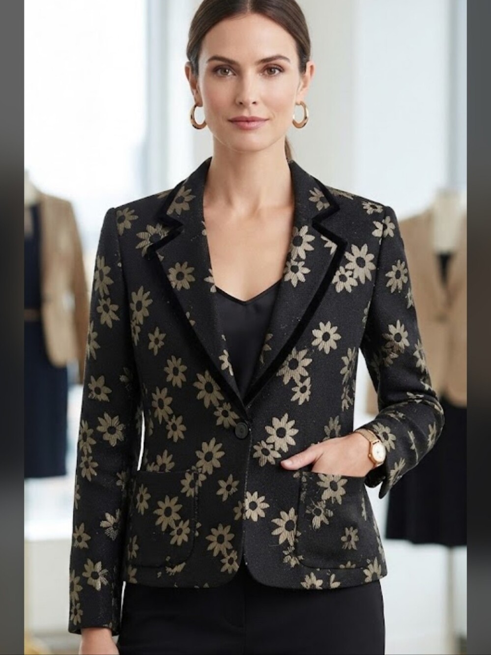 Anne Klein Black Floral Jacquard Blazer